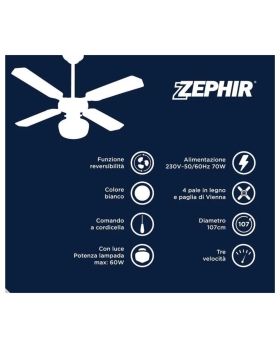 Zephir Ventilatore  Decorativo A Soffitto Con Luce E 4 Pale Zfs9107b