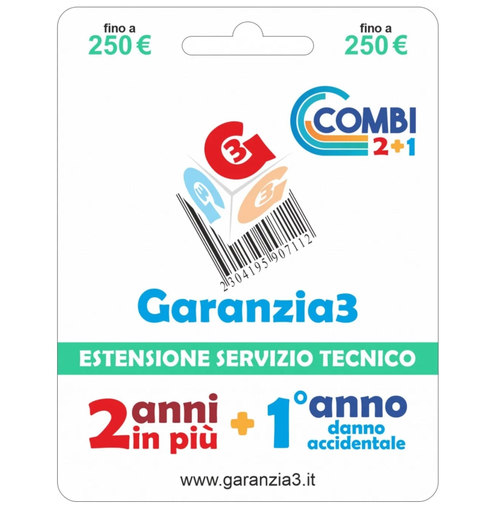 Garanzia 3 Combi 250 - 2 Anni di garanzia + 1 di Danno Accidentale fino a 250,00 Euro