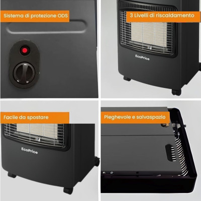 EcoPrice® Stufa A Gas Pieghevole,Infrarossi,Accensione Piezoelettrica,Adatta Per GPL/Butano/Propano,A 15 Kg,Sistema ODS