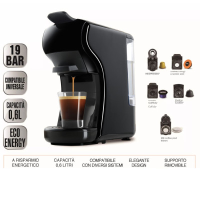 DCG ES6517 - Macchina Del Caffè Universale, serbatoio 0,6 Litri, 19 BAR, 1.450W - NERA+ Omaggio 15 Pz Cialde / Capsule