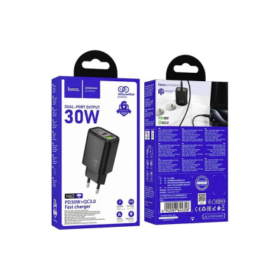 CARICABATTERIE DA RETE HOCO FAST CHARGE 30W USB-C + USB-A N63 NERO
