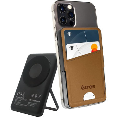 Etres Powerbank 5000mAh Wireless Magnetico con Portacarte Brown