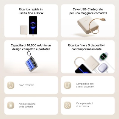 Xiaomi Powerbank 10000MAH 33W Cavo Integrato Usb-c Tan