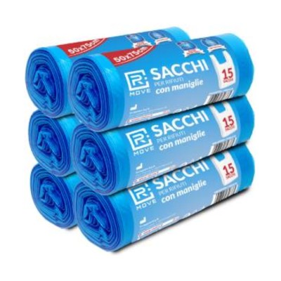 RMove Sacchi Rifiuti 50x75cm con maniglie 6 Rotoli da 15 Sacchi Blu