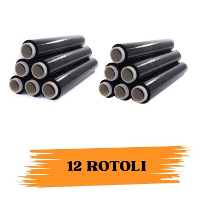 Pellicola Film Estensibile Nero Da 2,5 Kg 23 Micron Bobina Super Resistente 12 Rotoli EcoPrice®