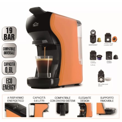 DCG ES6517 - Macchina Del Caffè Universale, serbatoio 0,6 Litri, 19 BAR, 1.450W - Arancione + Omaggio 15 Pz Cialde / Capsule