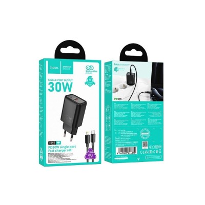 CARICABATTERIE DA RETE HOCO 30W USB-C + CAVO USB-C A LIGHTNING N62 NERO