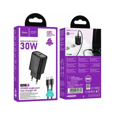 CARICABATTERIE DA RETE HOCO 30W USB-C + CAVO USB-C A USB-C N62 NERO