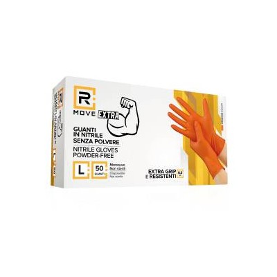 RMove 1Conf. da 50pz Tg.L 8.5gr da Lavoro - Guanti Nitrile Arancione Senza Polvere Full Grip