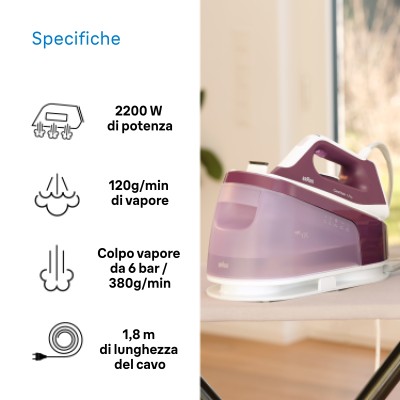 Braun CareStyle 1 Pro - Ferro da stiro con caldaia, Piastra con tecnologia FreeGlide3D, 2200W, 1,7L, Viola (IS1514VI)