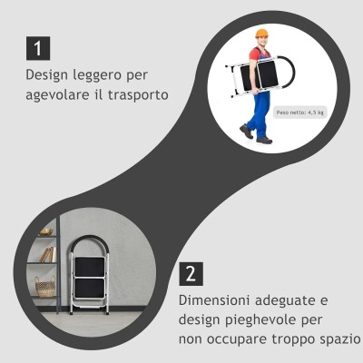Scaletta Sgabello Pieghevole Antiscivolo 2 Gradini 150KG - Maniglione Ergonomico