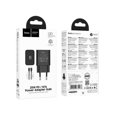 CARICABATTERIE DA RETE HOCO 25W USB-C + CAVO USB-C A USB-C N76 NERO