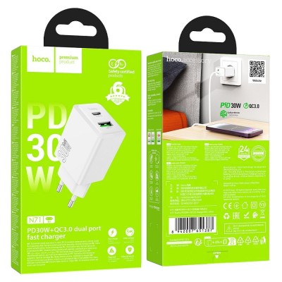 CARICABATTERIE DA RETE HOCO FAST CHARGE 30W USB-C + USB-A N71 BIANCO