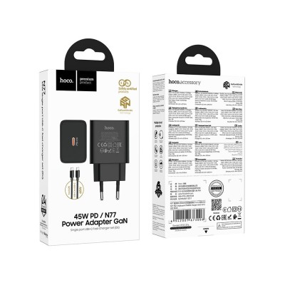 CARICABATTERIE DA RETE HOCO 45W USB-C + CAVO USB-C A USB-C N77 NERO