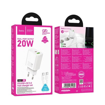 CARICABATTERIE DA RETE HOCO FAST CHARGE 20W USB-C + USB-A + CAVO LIGHTNING N61 WHITE